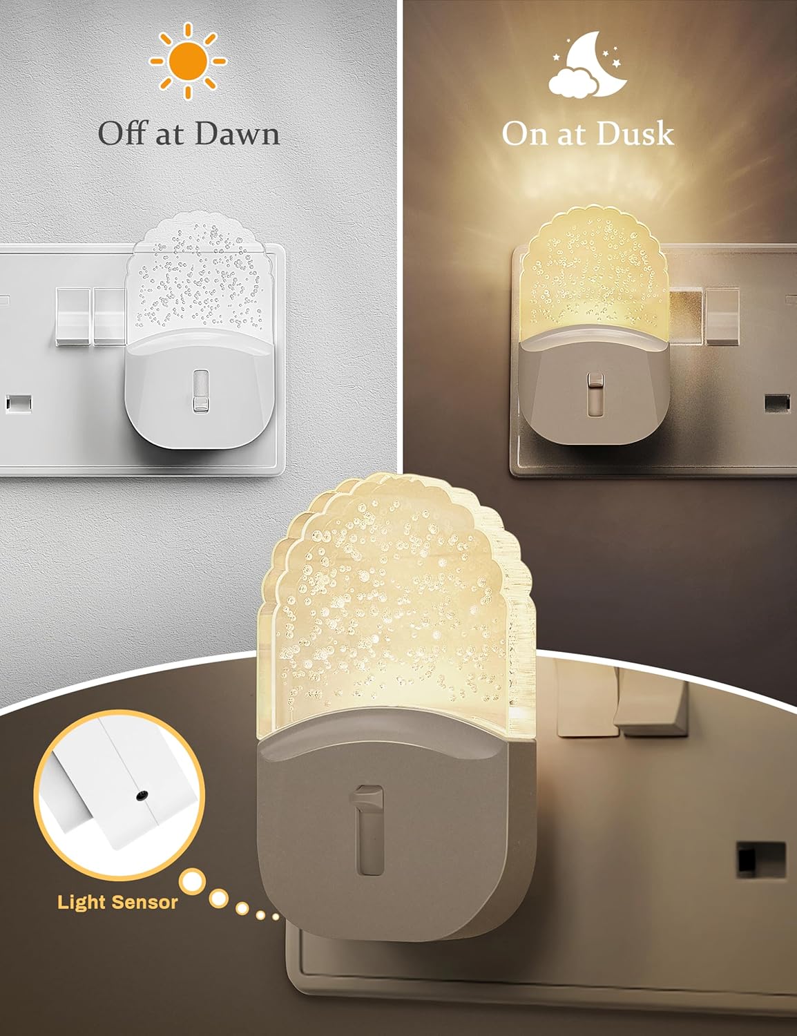 Night light switch with 'Off at Dawn' and 'On at Dusk' labels, showing light sensor feature.