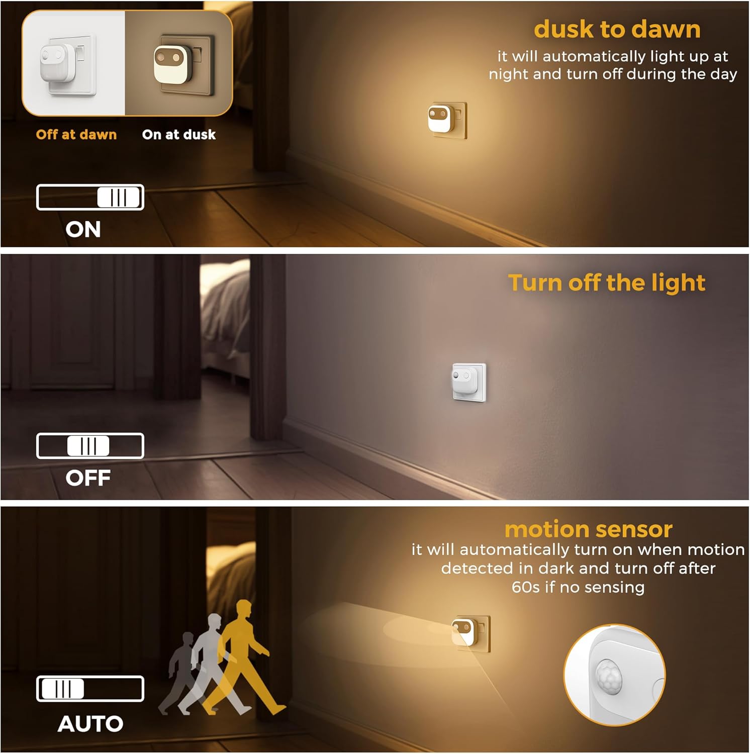 Night light switch with dusk to dawn and motion sensor features, shown in a bedroom setting.