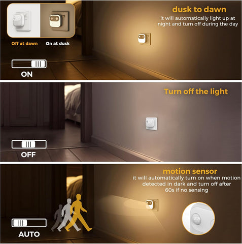 Night light switch with dusk to dawn and motion sensor features, shown in a bedroom setting.