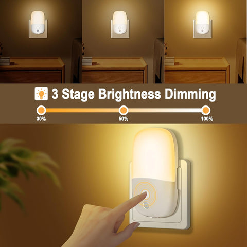 Night light with 3 stage brightness dimming feature being adjusted by a hand.
