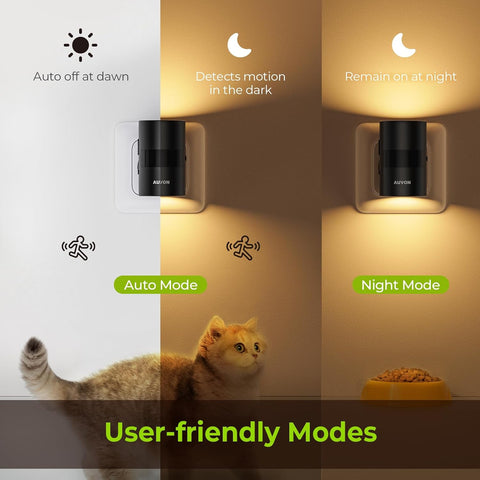 Night light with auto-off at dawn, motion detection, and night mode features, shown with a cat and food bowl.
