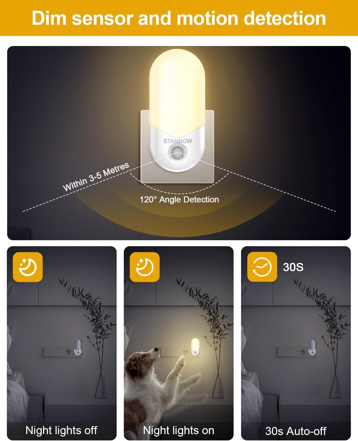 Night light with dim sensor and motion detection features, showing night lights off, on, and auto-off functions.
