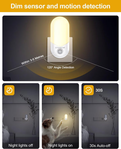 Night light with dim sensor and motion detection features, showing night lights off, on, and auto-off functions.
