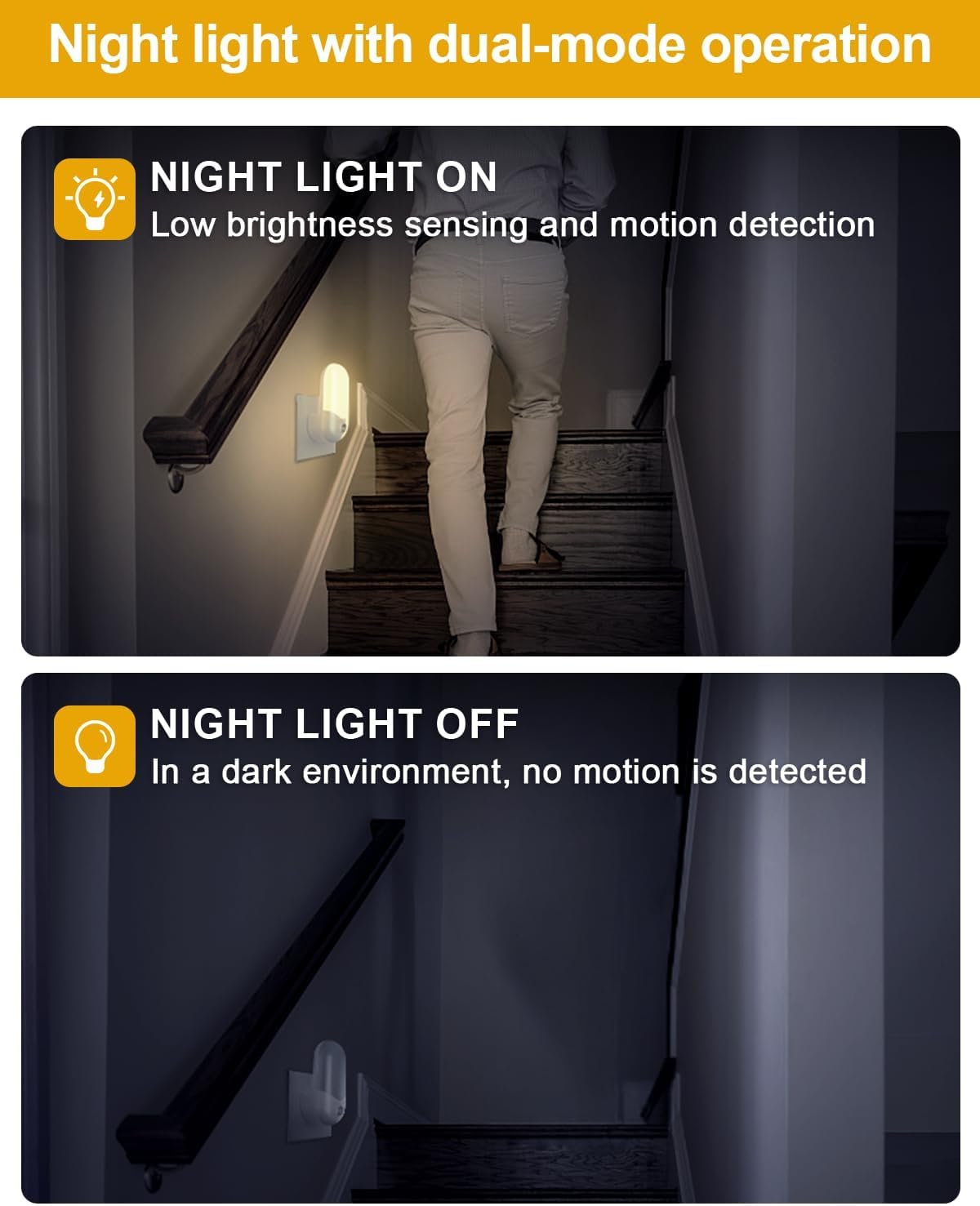Night light with dual-mode operation showing a person walking up stairs with night light on and off.