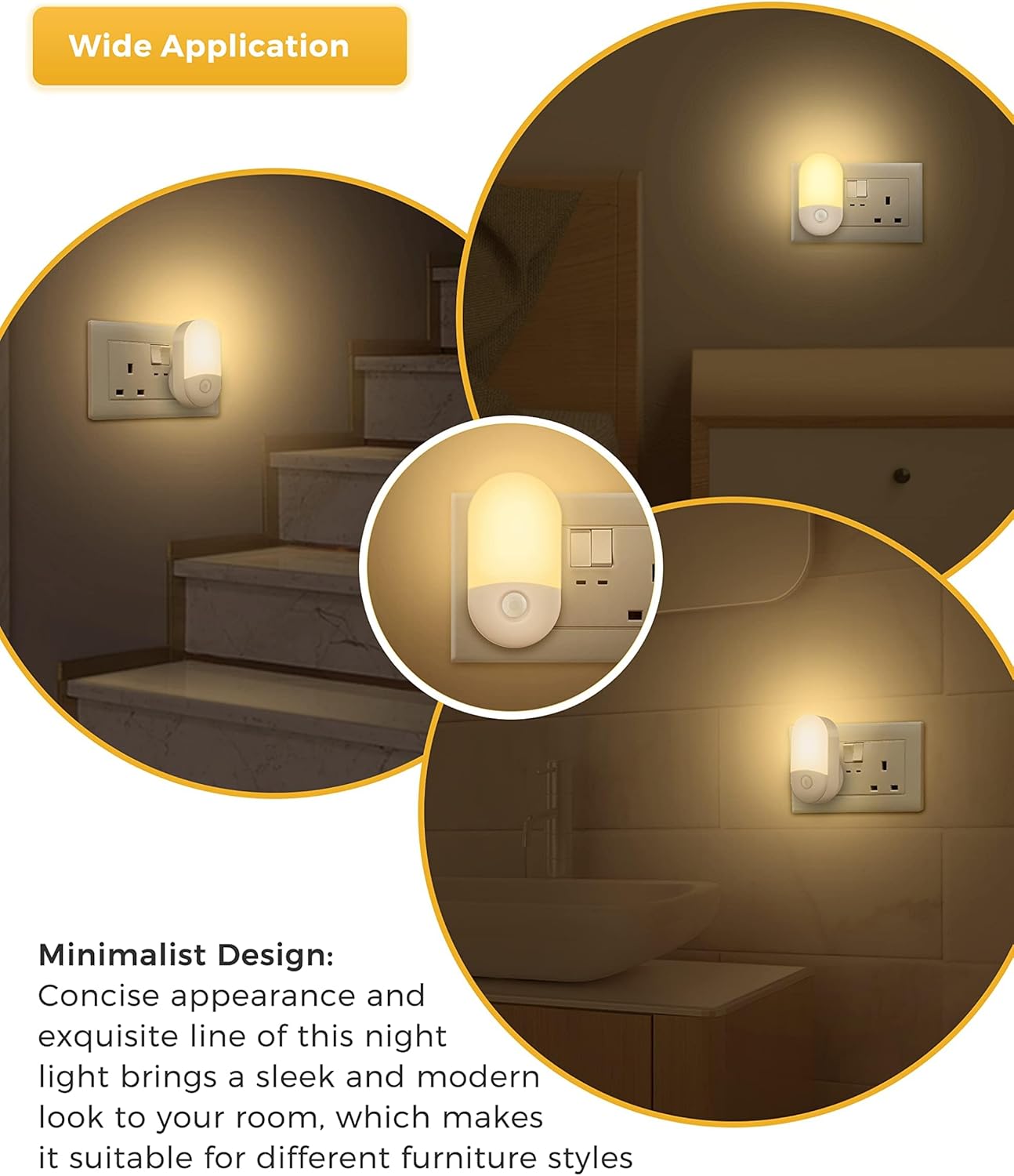 Night lights in various settings with text highlighting their wide application and minimalist design.