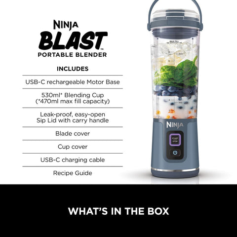 Ninja Blast portable blender with features listed on a white background