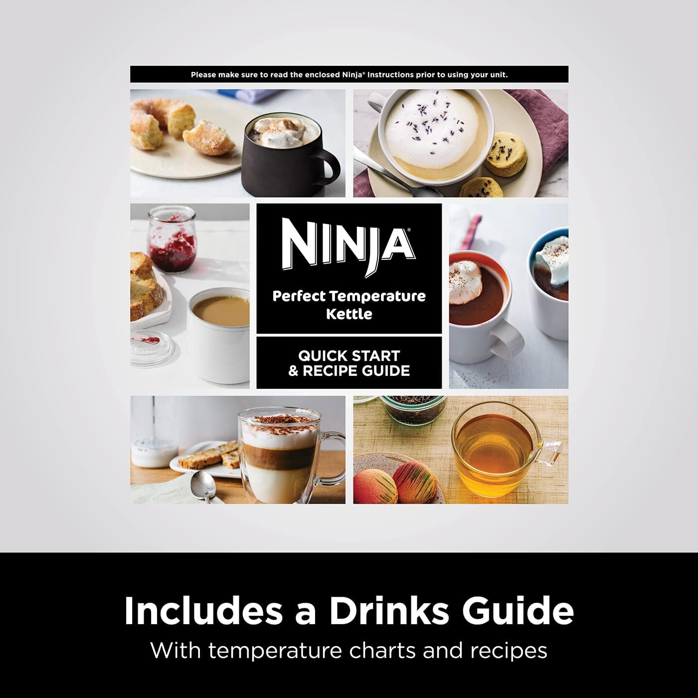 Ninja Perfect Temperature Kettle quick start and recipe guide with images of beverages.
