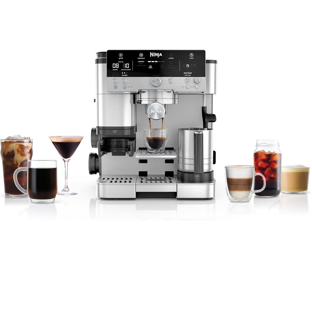 Ninja coffee maker with various coffee beverages on a white background