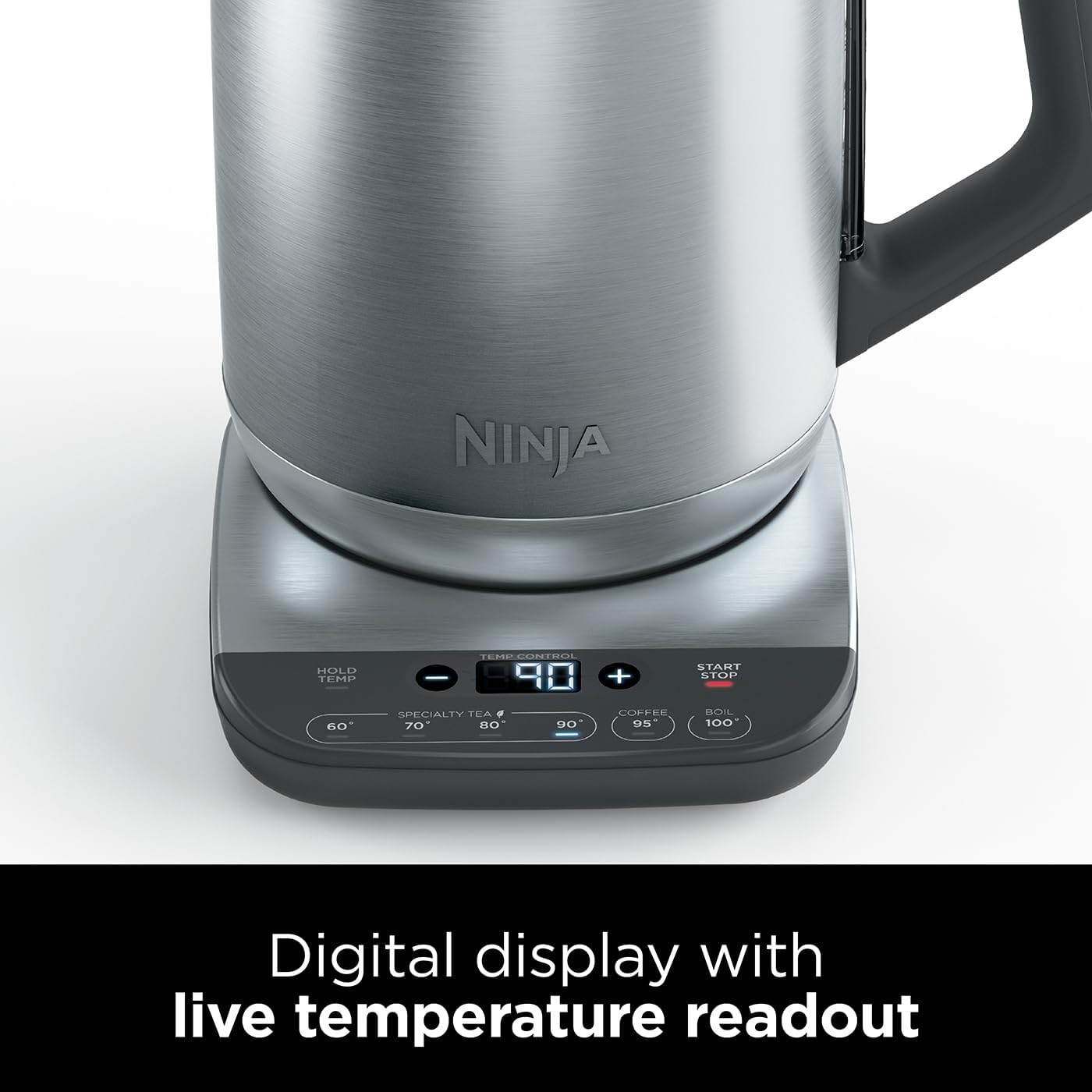 Ninja electric kettle with digital display on a white background