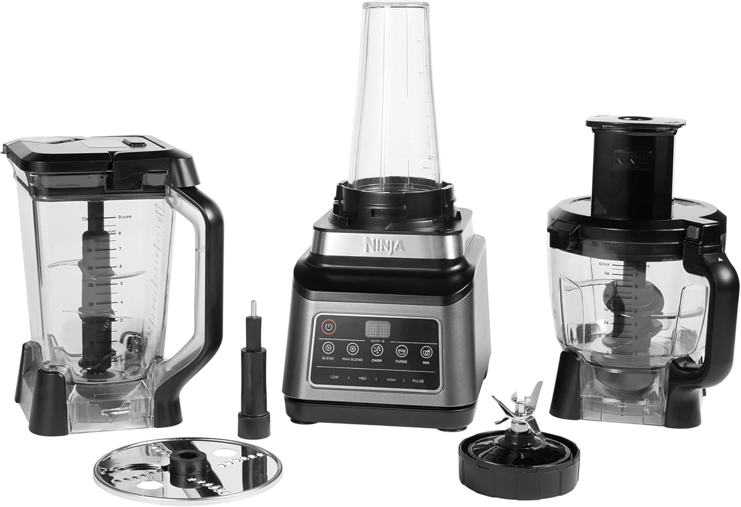 Ninja kitchen appliance set with blender, food processor, and attachments on a white background