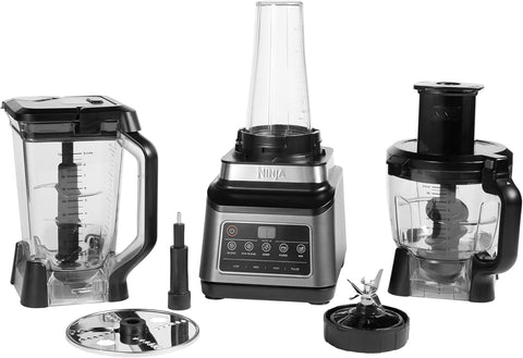 Ninja kitchen appliance set with blender, food processor, and attachments on a white background