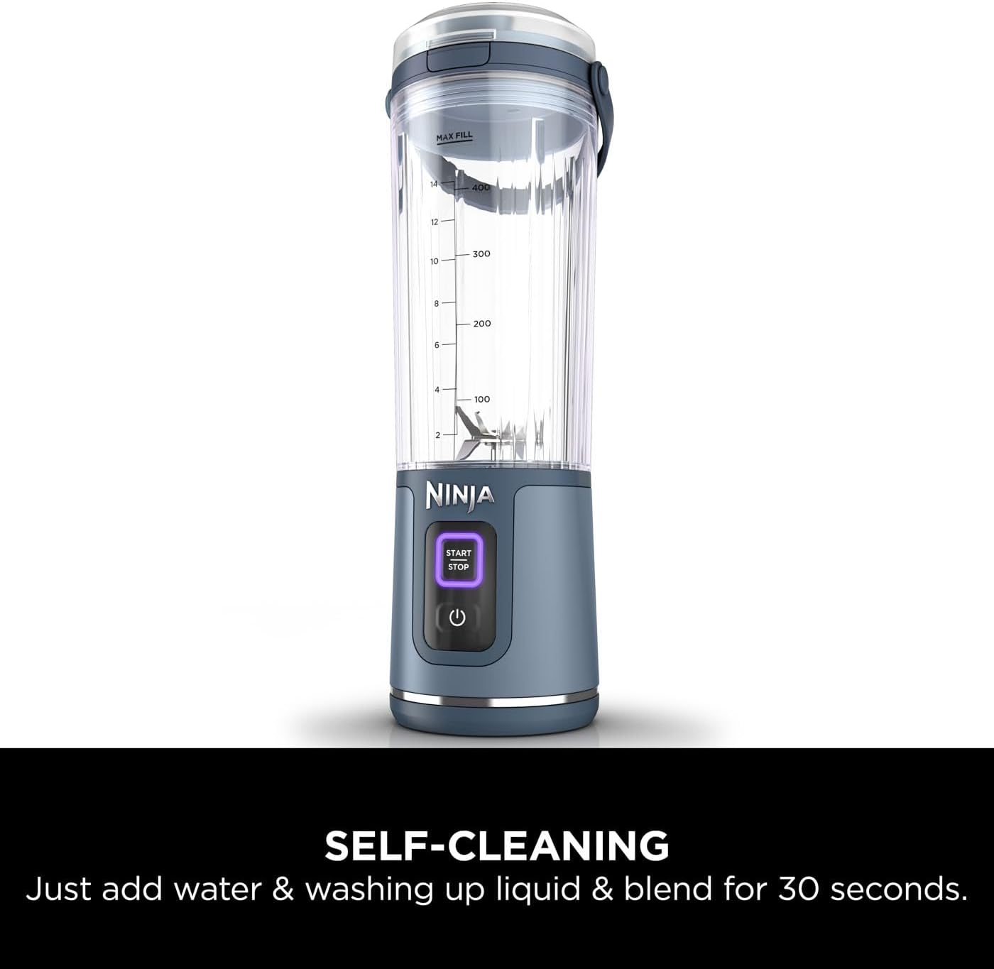 Ninja portable blender with self-cleaning feature on a white background