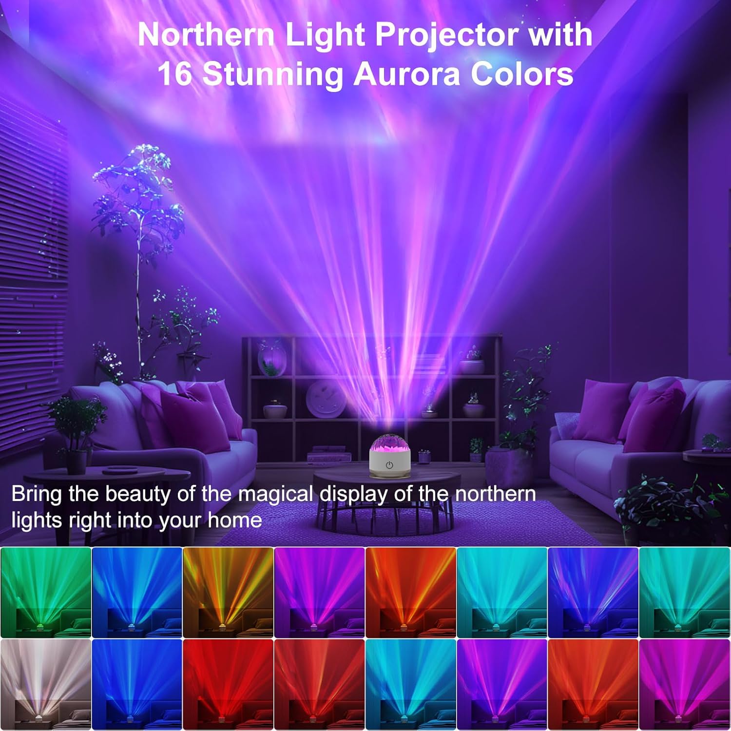 Northern Light Projector with 16 stunning Aurora Colors in a living room setting.