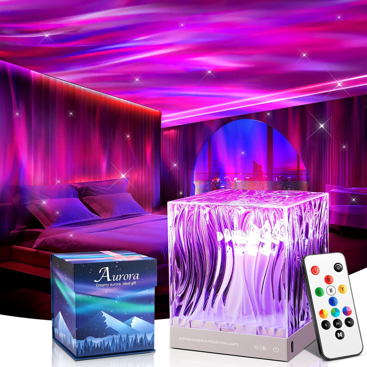 Northern Lights galaxy projector lamp with 18 colors illuminating bedroom ceiling with aurora effects