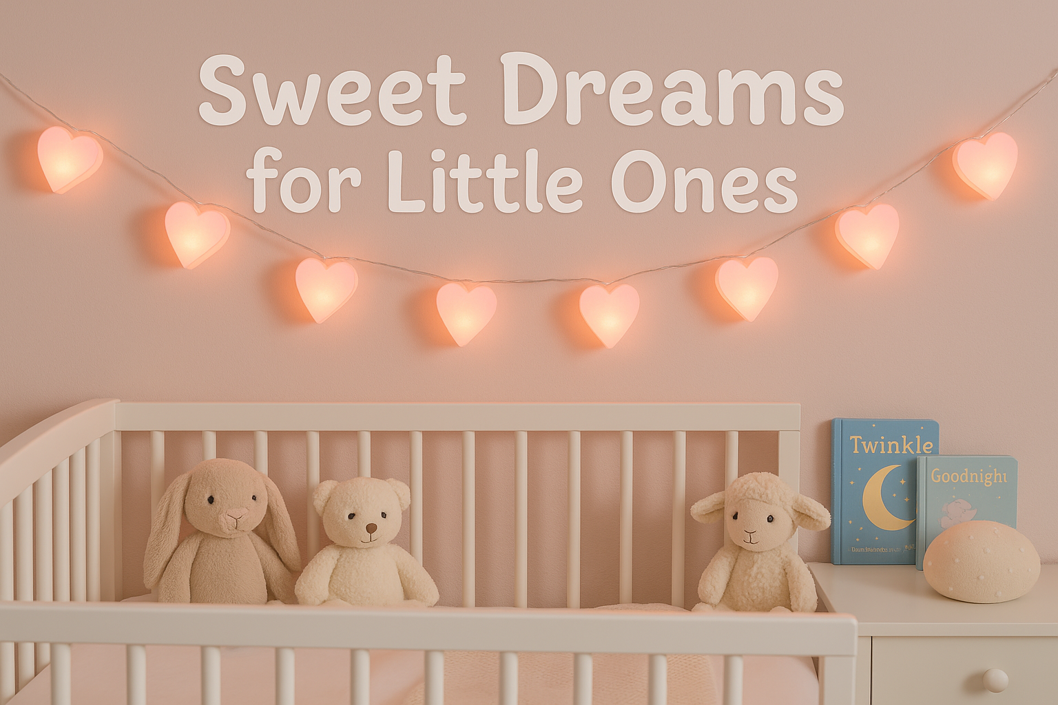Nursery room with crib, teddy bears, and heart-shaped lights with 'Sweet Dreams for Little Ones' text.