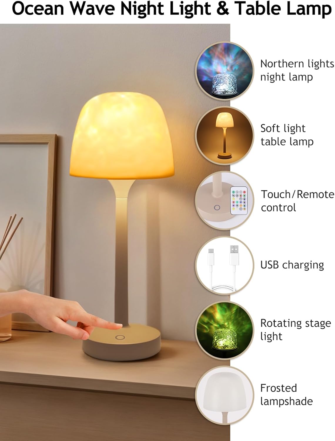 Ocean Wave Night Light & Table Lamp with various features displayed on a neutral background