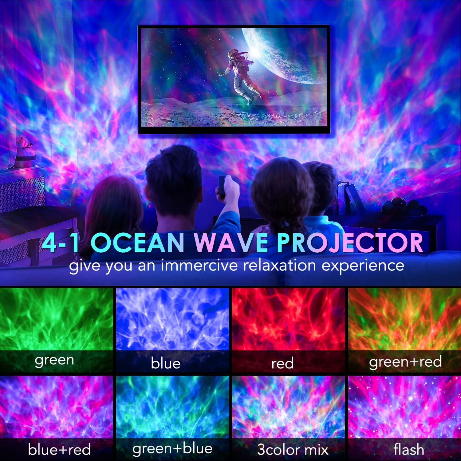 Ocean wave projector with colorful projections on a wall, showing people watching it.
