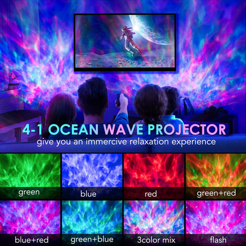 Ocean wave projector with colorful projections on a wall, showing people watching it.