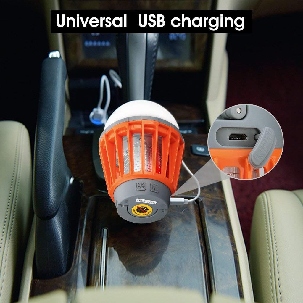 Orange and gray portable device charging via USB in a car's cup holder with 'Universal USB charging' text.