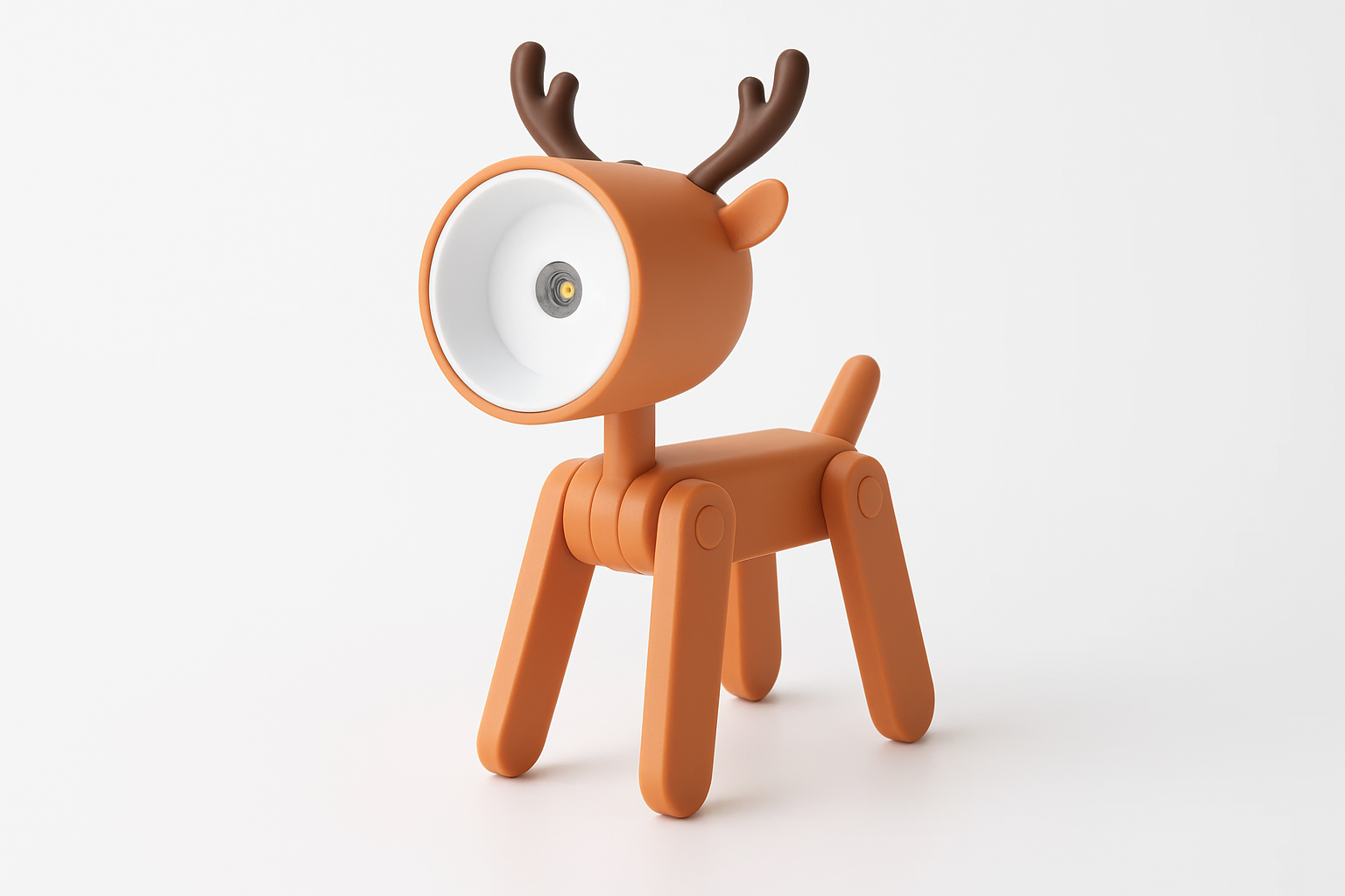 Orange deer-shaped toy with a white light bulb head on a white background