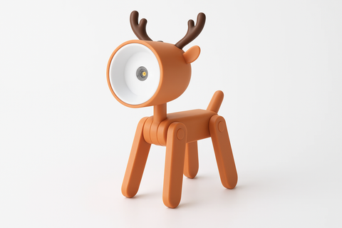 Orange deer-shaped toy with a white light bulb head on a white background