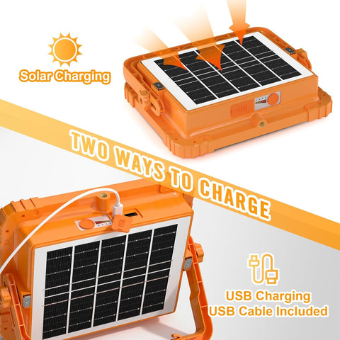 Orange solar charging device with USB cable on a white background