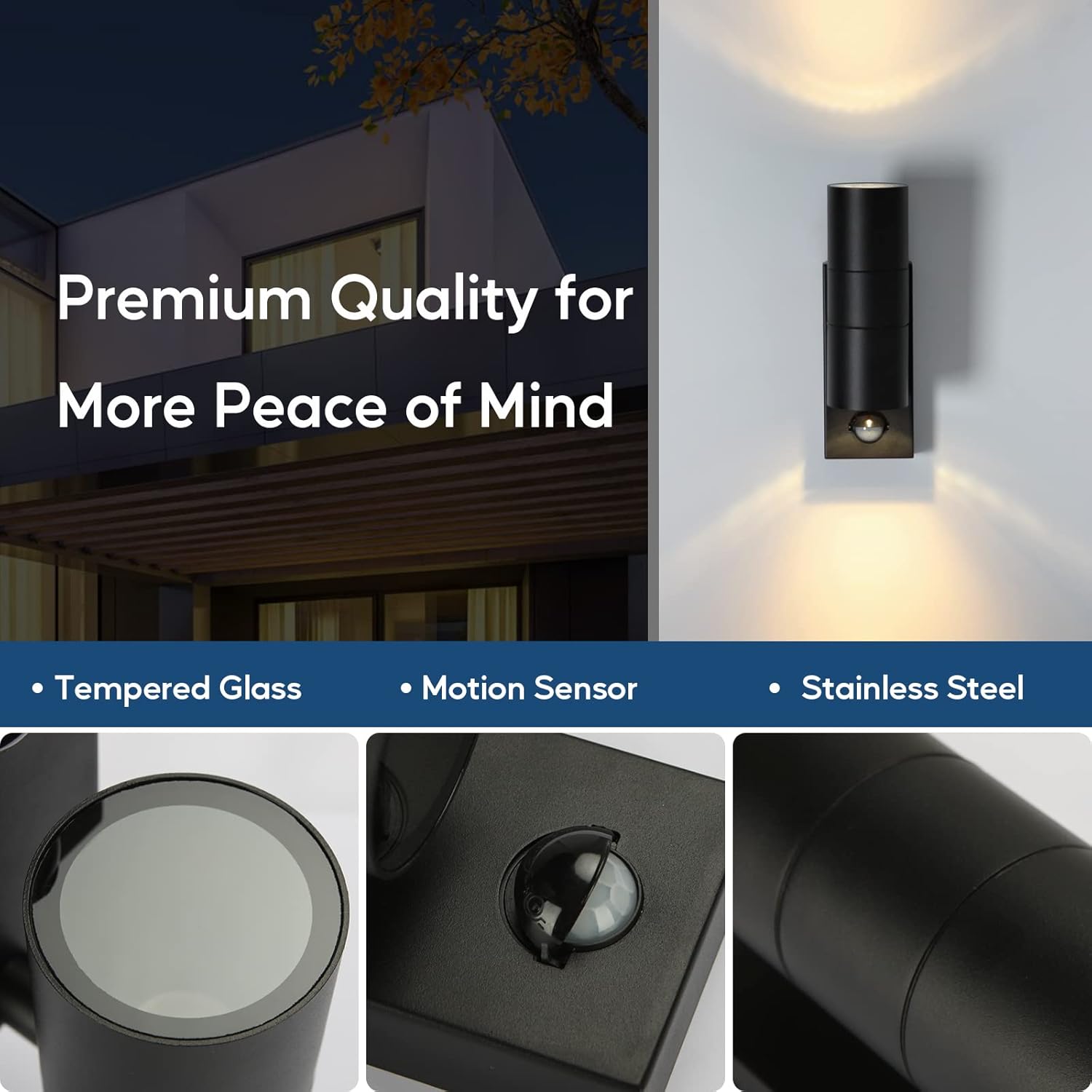 Outdoor wall light fixture with features listed on a dark background