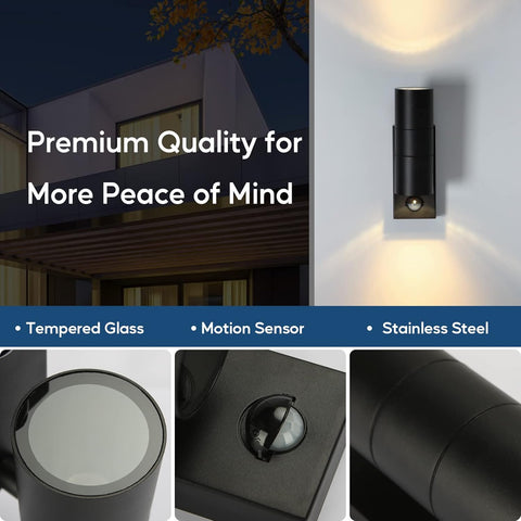Outdoor wall light fixture with features listed on a dark background