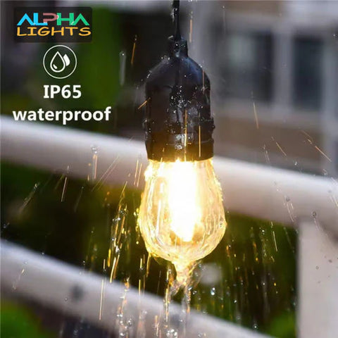 Close-up of waterproof LED festoon bulb glowing warmly at night

