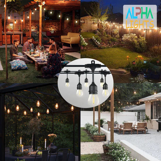 96FT festoon lights with 30 LED bulbs hanging across a garden

