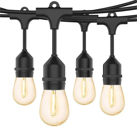 96FT festoon lights with 30 LED bulbs hanging across a garden

