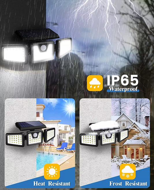 Close-up of 74LED solar-powered wall light mounted on a brick wall

