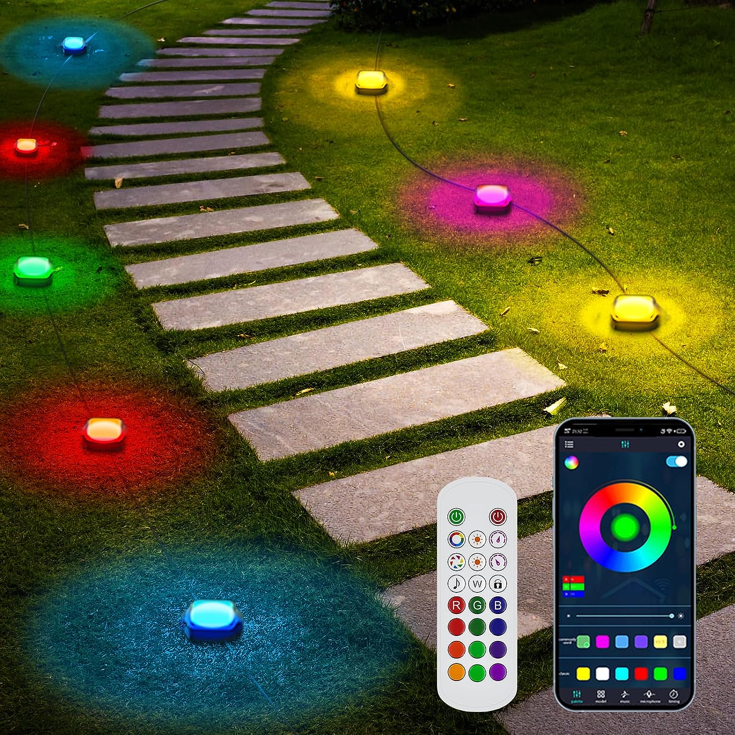 Remote-controlled LED ground light in patio setting

