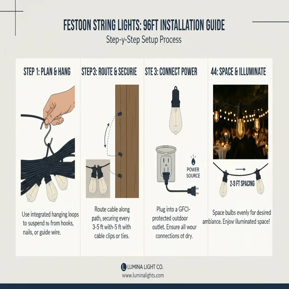 Installation guide for festoon string lights with step-by-step instructions and illustrations.