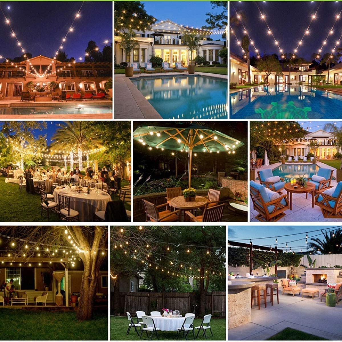 Mains-powered outdoor lights illuminating a patio area

