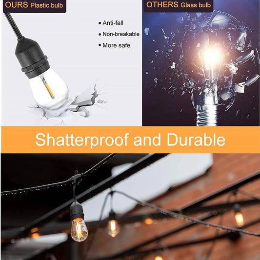 Warm white festoon lights strung across a large garden

