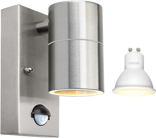 Outdoor Motion Sensor Wall Lights, Downward Outside Lighting Mains Powered, IP44 Silver Stainless Steel - thelights4u.com
thelights4u, lights, outdoor lights, motion sensor light, sensor light, downward lights, wall light