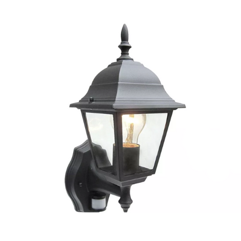 4-sided black exterior wall light with PIR motion detection


