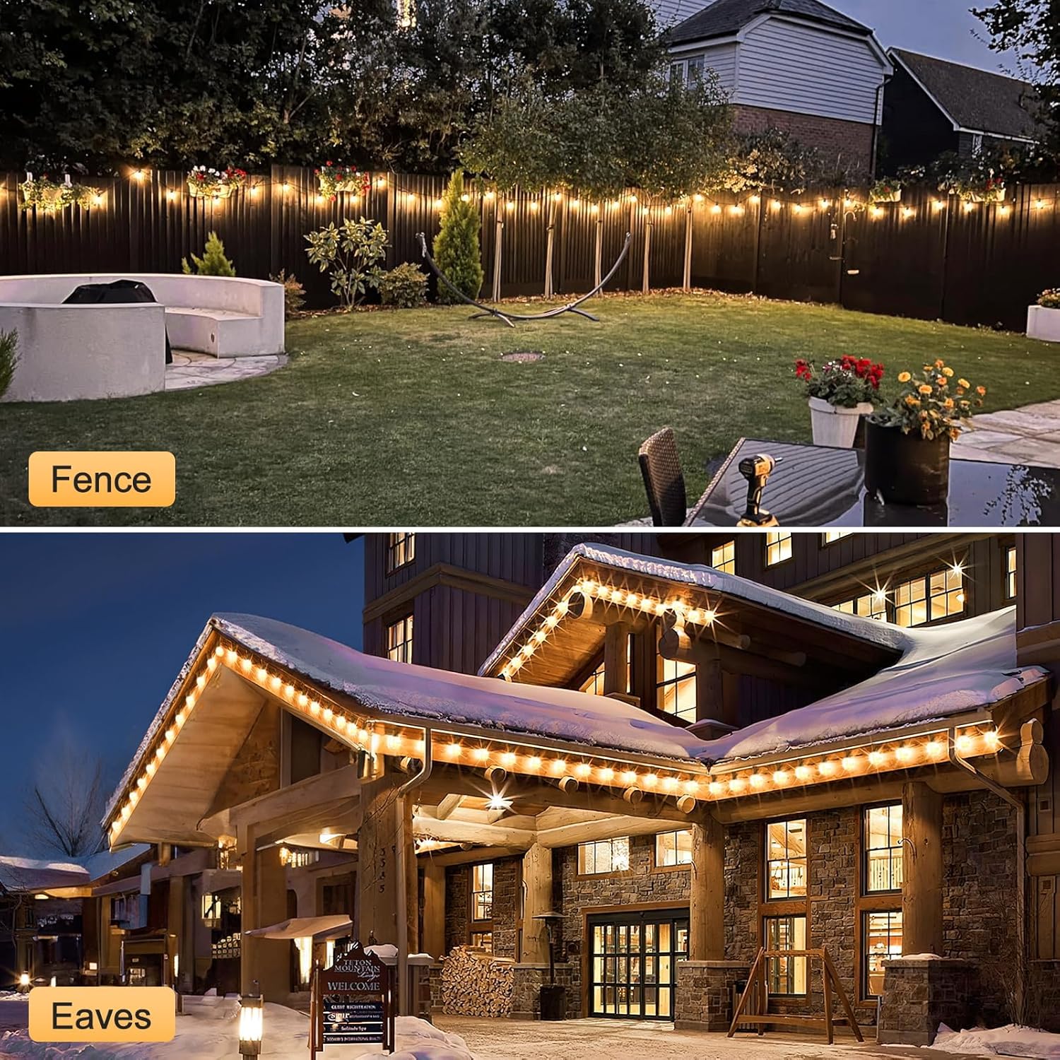 Festoon lights hanging above an alfresco dining setup.

