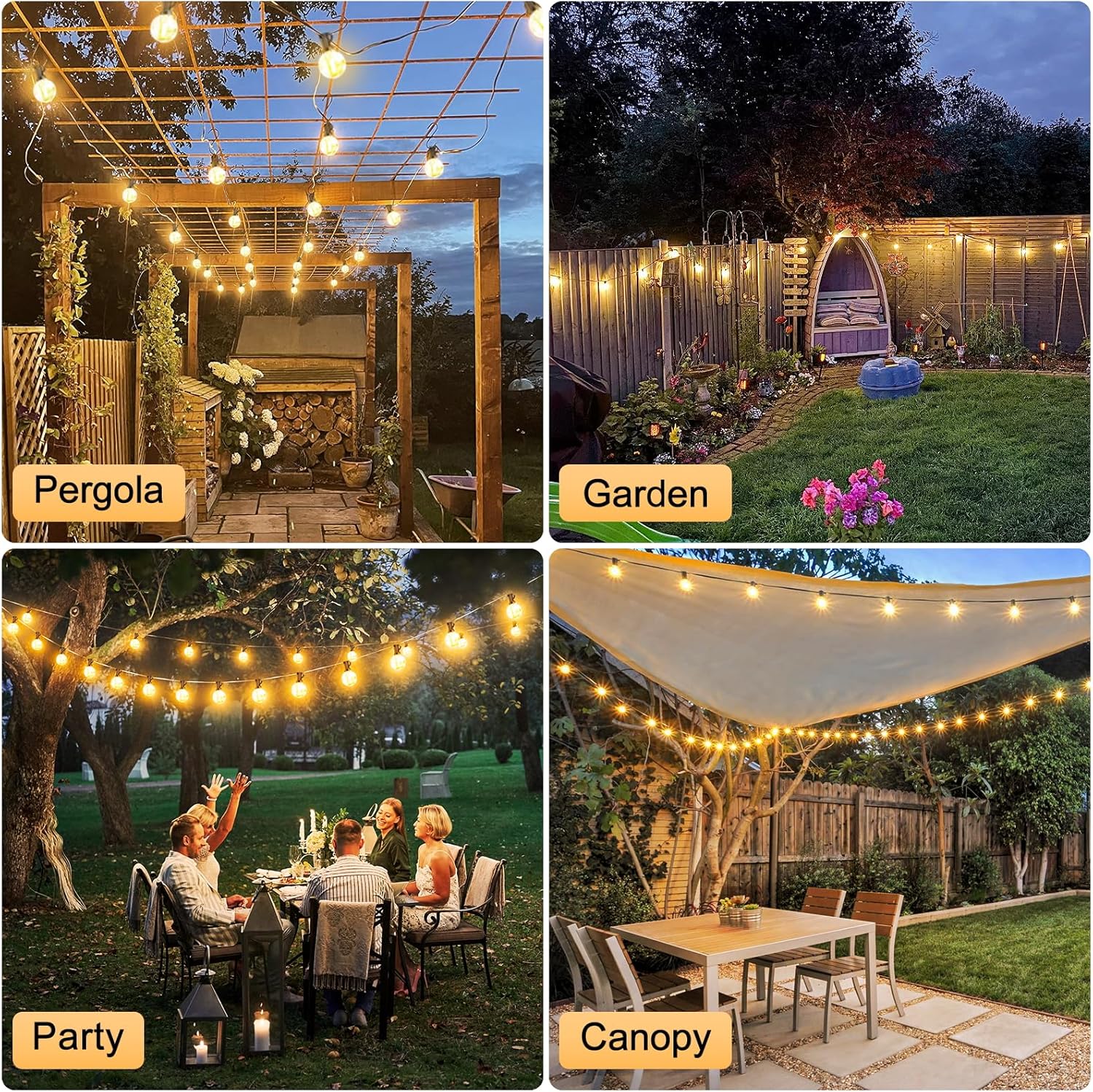 Outdoor string lights used at a garden wedding event.

