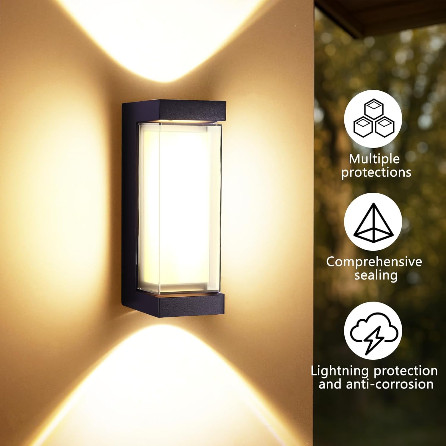Outdoor Wall Light Mains Powered – 16W Up & Down Front Door Light, IP65 Waterproof Square Wall Sconce for Porch & Garden (Black)