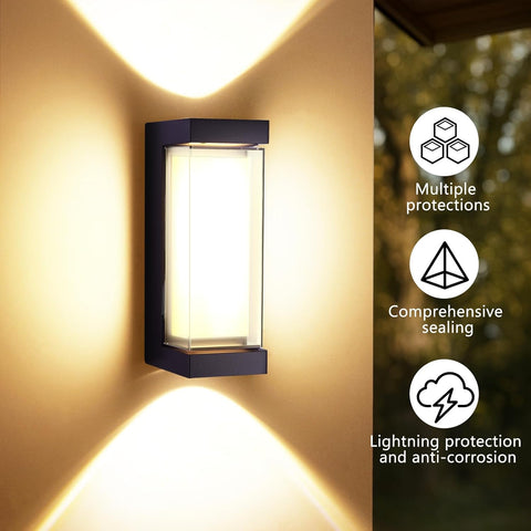 Outdoor Wall Light Mains Powered – 16W Up & Down Front Door Light, IP65 Waterproof Square Wall Sconce for Porch & Garden (Black)