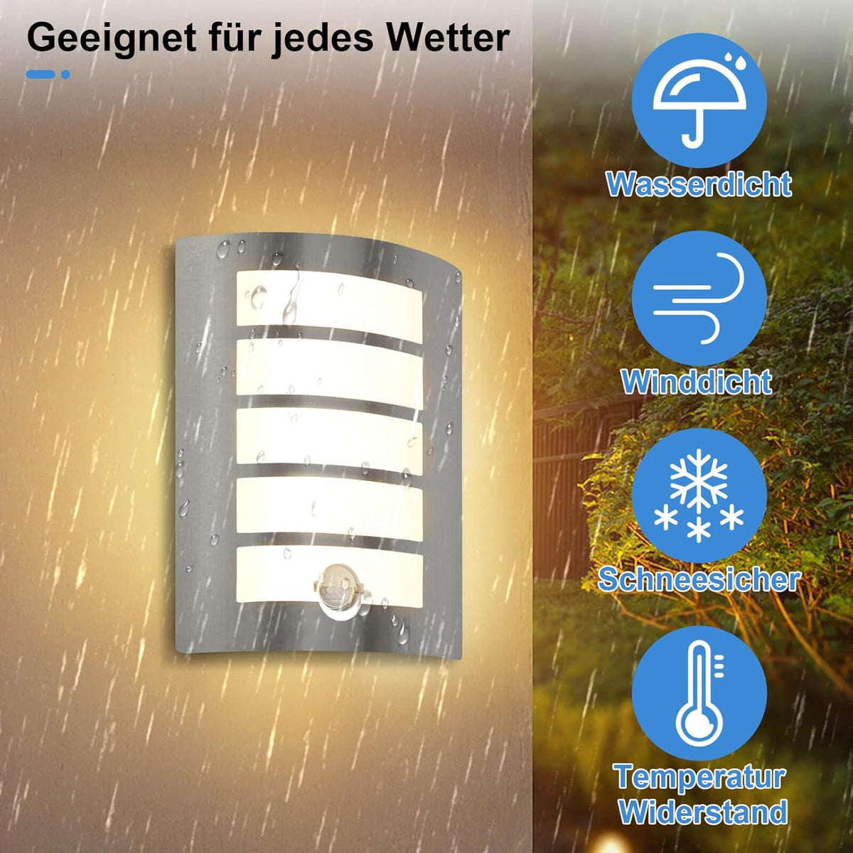 Outdoor wall light with an IP44 rating shining in rainy weather

