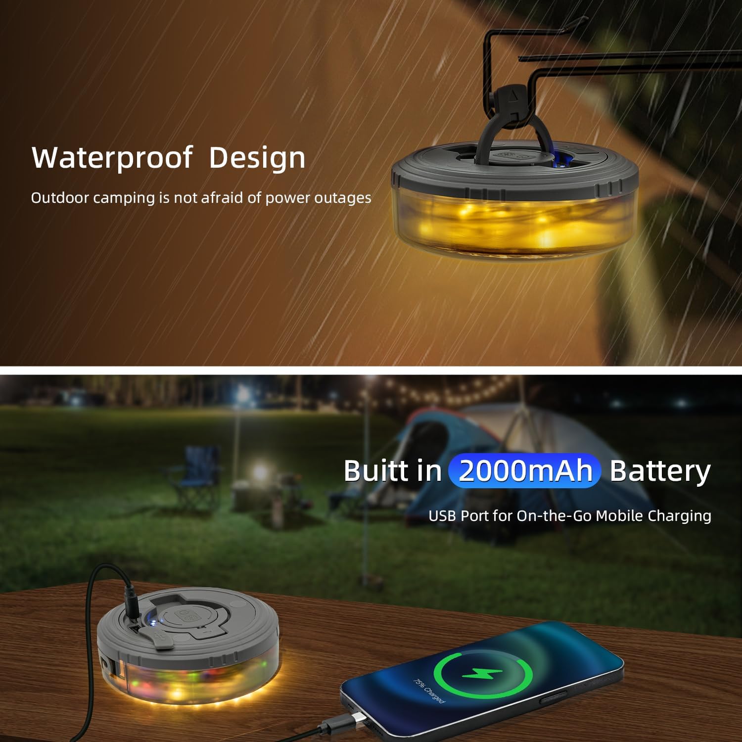 Outdoor camping light with waterproof design and built-in battery charging a phone.