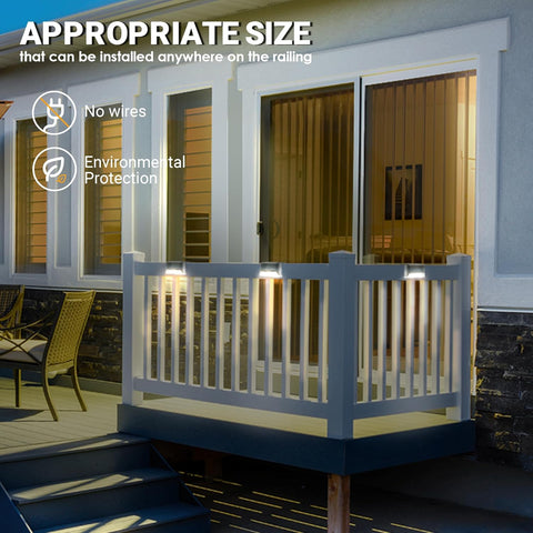 Outdoor deck with railing lights and text about appropriate size and features.
