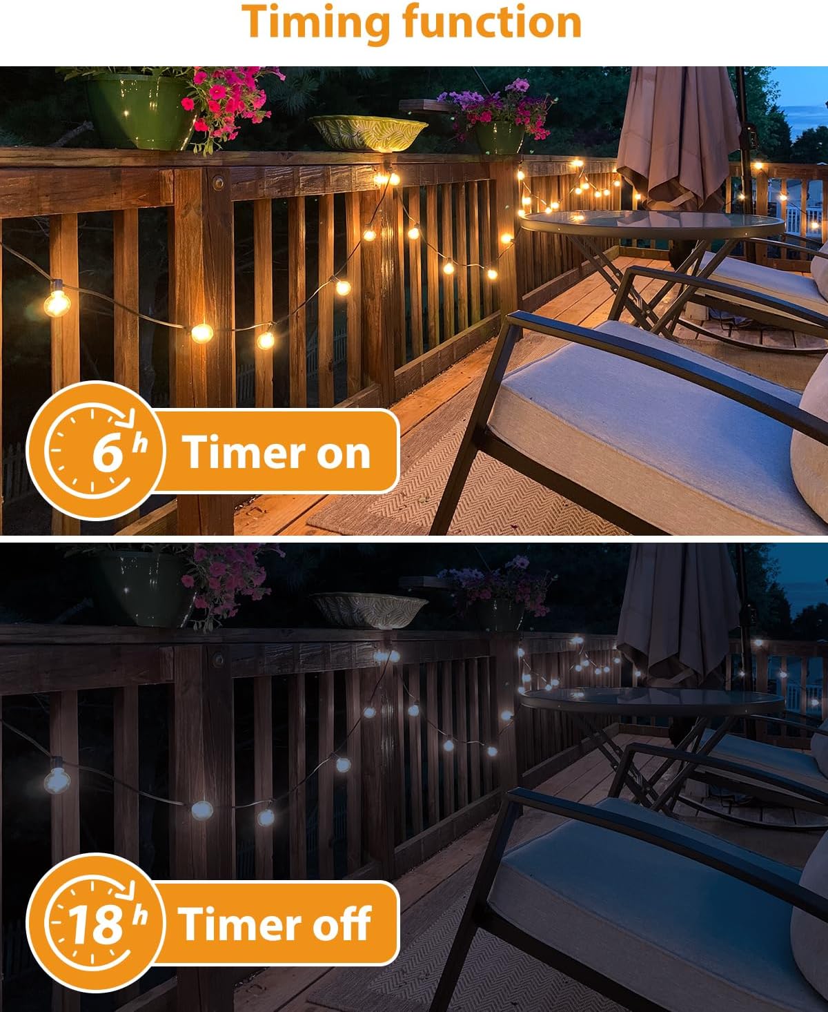 Outdoor deck with string lights showing timer function on and off.