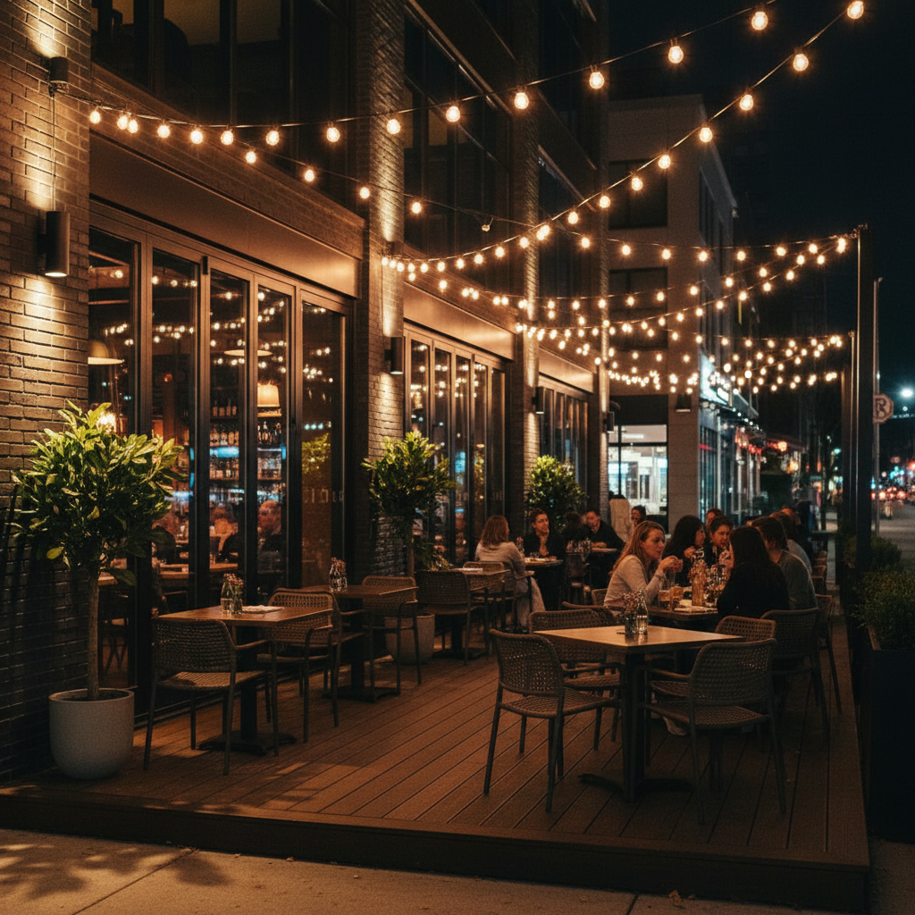 Outdoor dining area with string lights at night