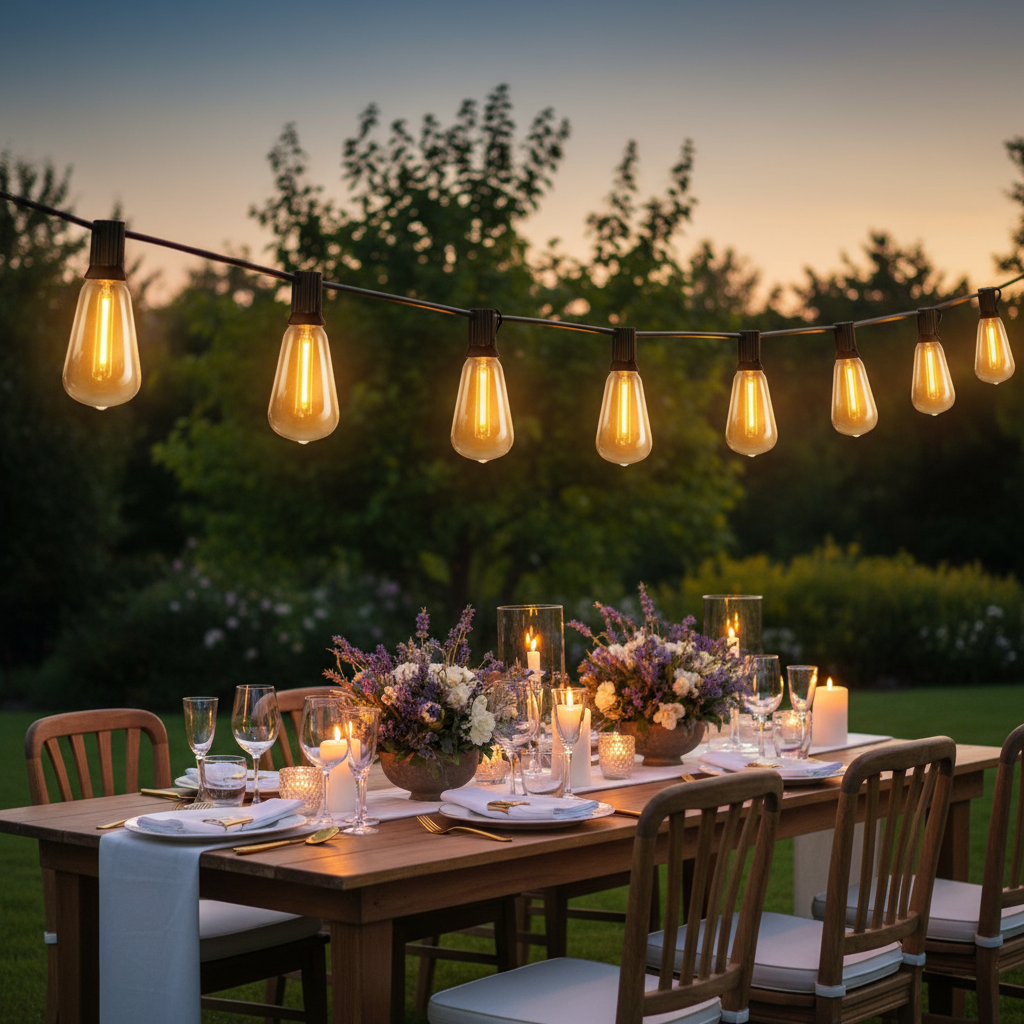 Outdoor dining setup with string lights and floral centerpieces in a garden.