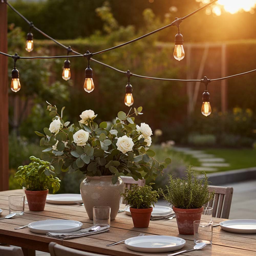 Outdoor dining setup with string lights, plants, and sunset in the background