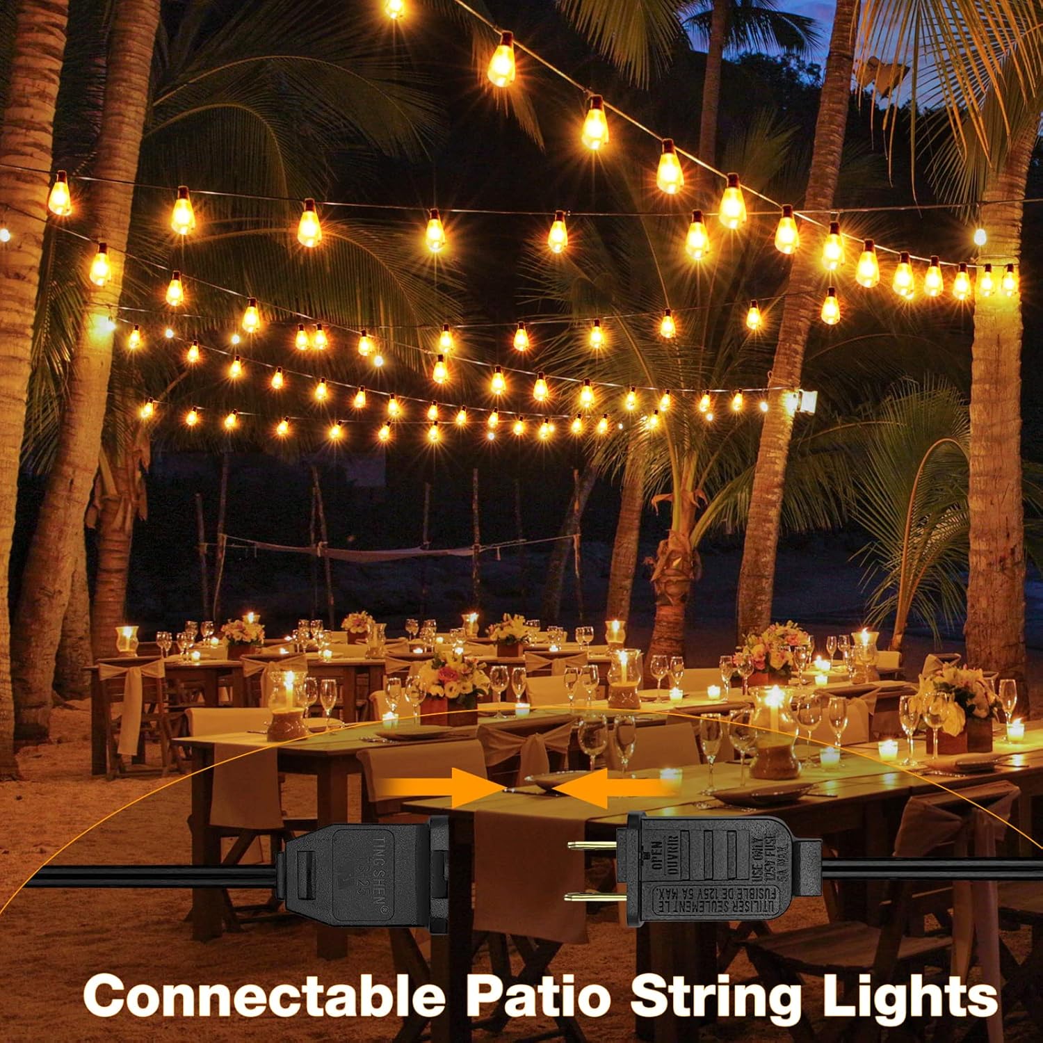 Outdoor dining setup with string lights under palm trees at night.